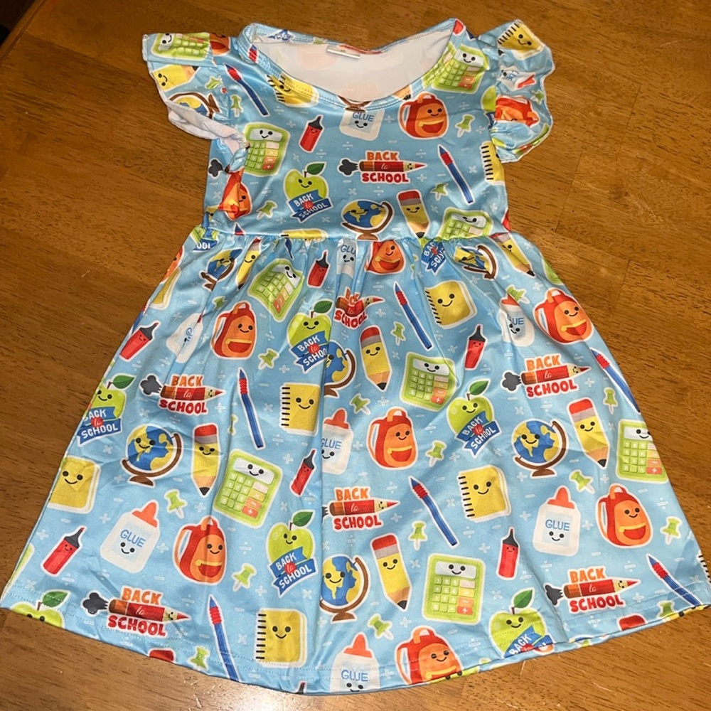 Back to School Girls XL 5-6T Blue Orange Yellow Ruffled Sundress Flutter Sleeves